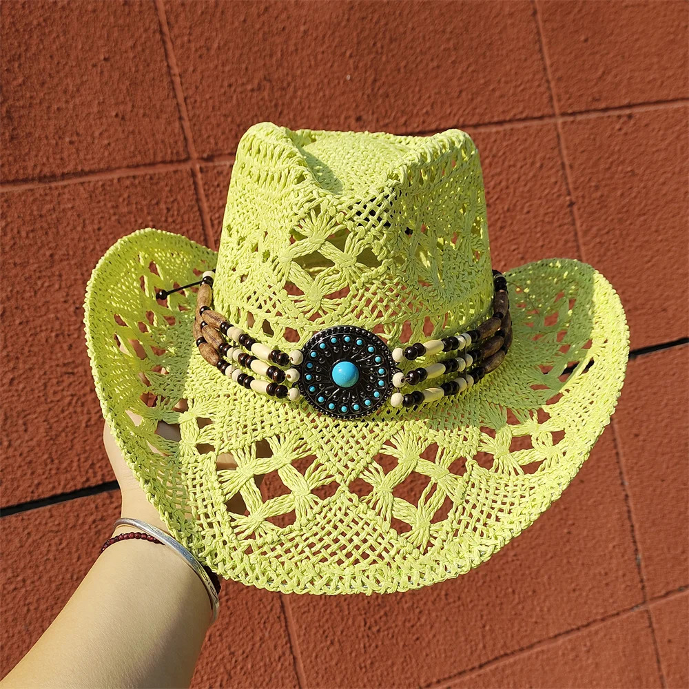 Western Cowboy Straw Hat for Men and Women Hollowing Out Summer Sun Beach Hat Protection Outdoor Fishing Climbing Retro Cap 250526