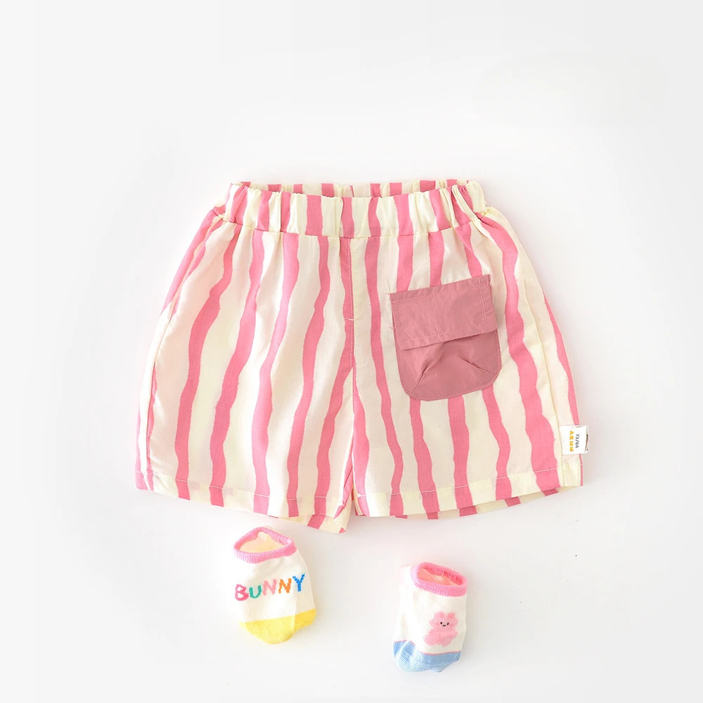 Summer Baby Childrens Vertical Stripes Shorts Toddler Boy Threedimensional Pocket Short Pants Girls Mid Waist 250527