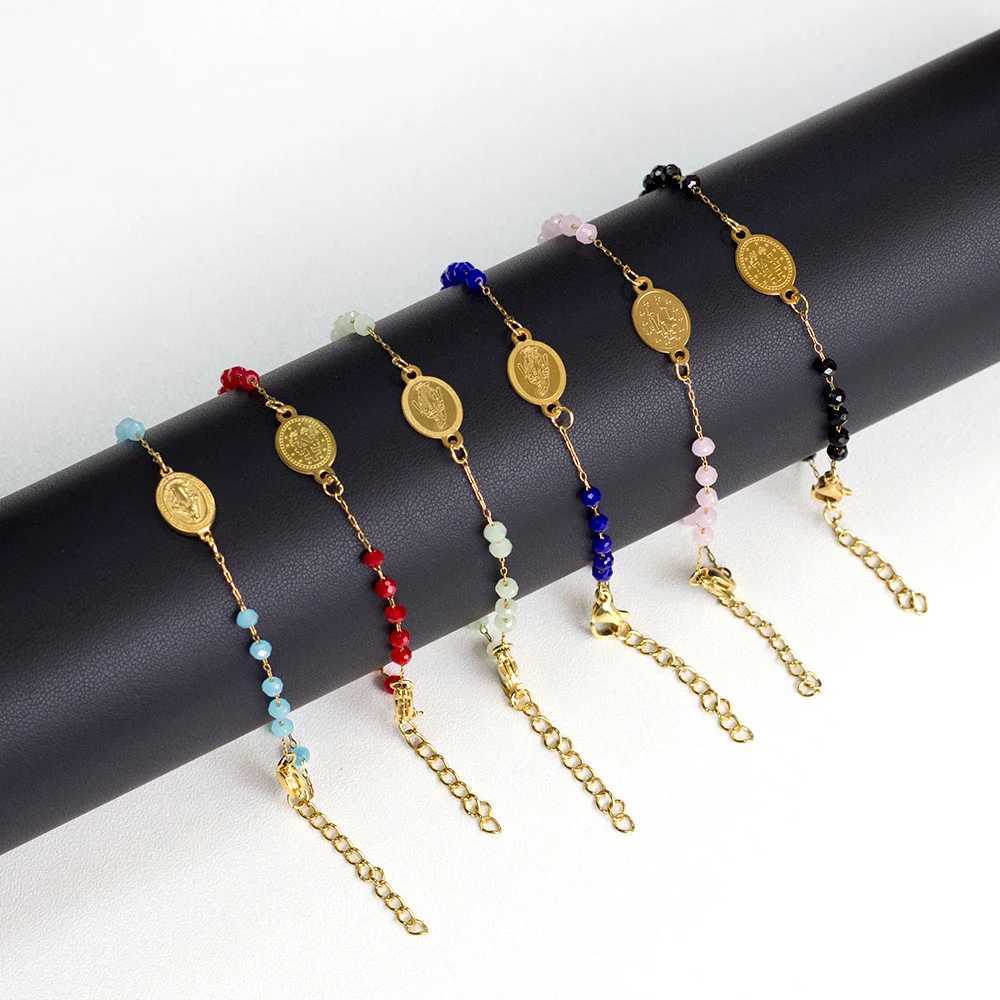 LUXUKISSKIDS Rosary Jesus Beads Bracelets Multicolor Stainless Steel Cross Christian Link Chain Enamel Prayer Hand Jewelry Gifts W250526