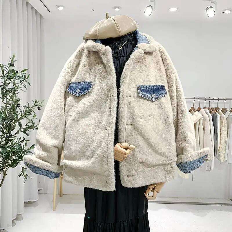 Jean Jacket Korean Winter Both Side Wear Thick Warm Lamb Veet Denim Coat Single Breasted Buttons Patchwork Plush Outwear T470