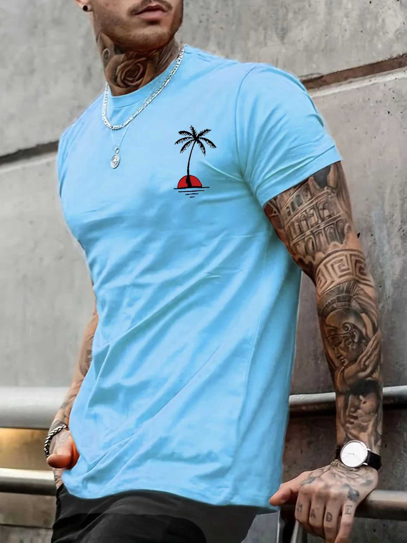 Mens Summer Casual Loose Size 100% Cotton Coconut trees Print Round Neck Short Sleeve T-shirt Top Z250527