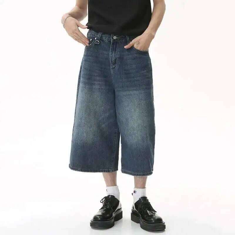 Korean Style Vintage Men's Jeans Summer Loose Male Wide Leg Knee Length Shorts New Washed Fashion Short Denim Pants