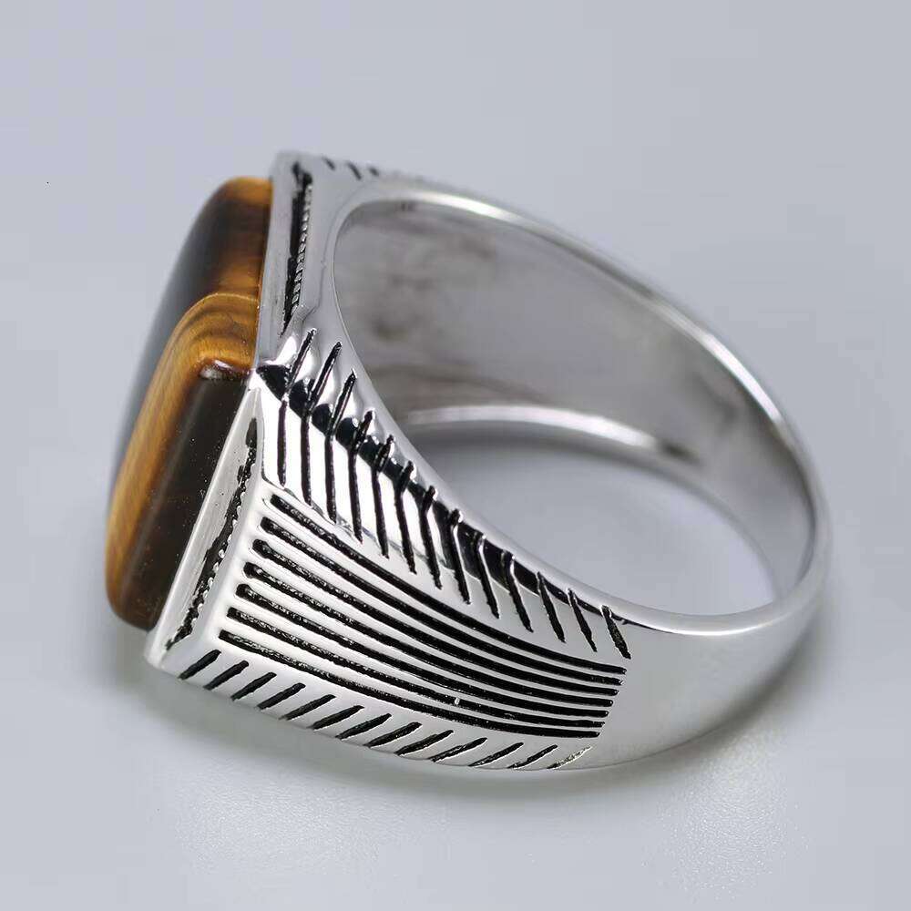 New Arrival Sterling Sier Man Ring Tiger Eyes Fine Stripe Pattern Natural Stone Cool Retro Punk Custom Jewelry