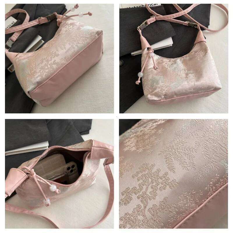 Sweet Embroidery Shoulder Nylon Texture Pearl Pendant Crossbody Bag Small Bucket Handbag Women Girl