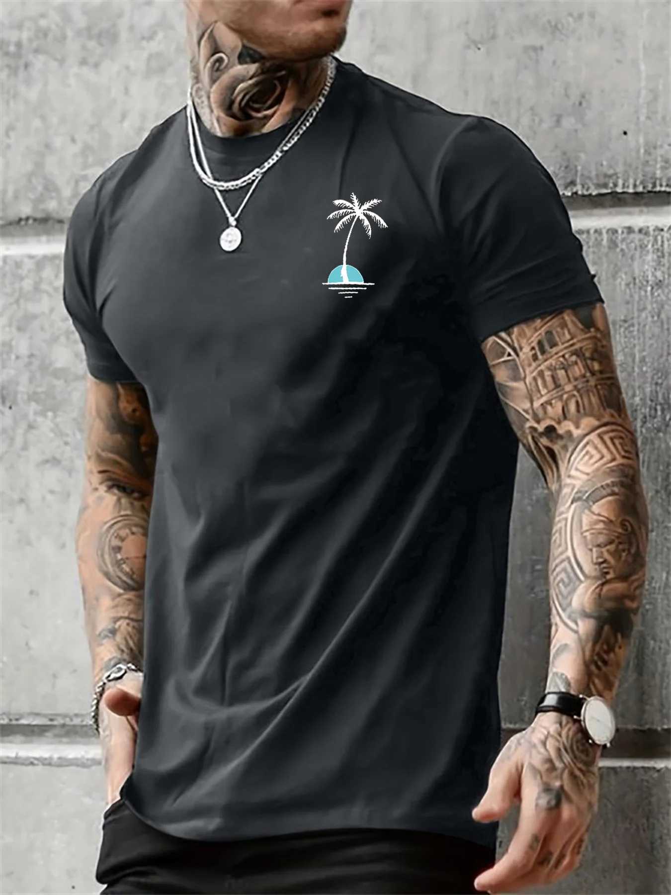 Mens Summer Casual Loose Size 100% Cotton Coconut trees Print Round Neck Short Sleeve T-shirt Top Z250527