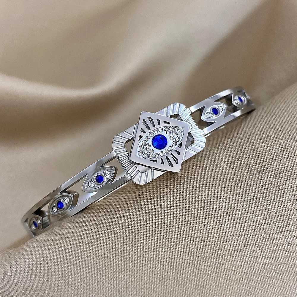 Greatera Turkish Evil Eye Stainless Steel Bangles Bracelets for Women Silver Color Rhinestone Cuff Bracelet Waterproof Jewelry W250526