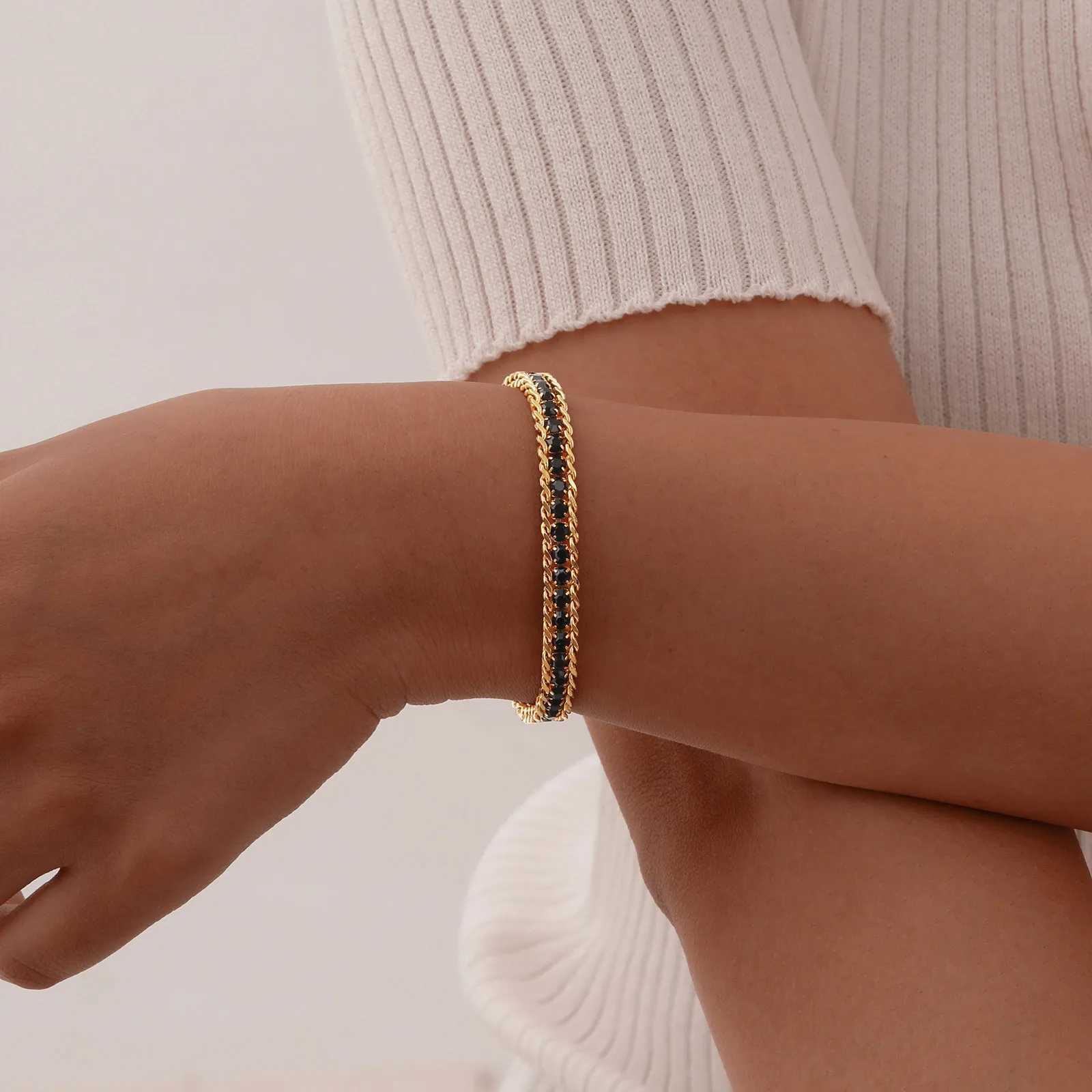 Gold Plated Waterproof Bling Tennis Chain Bracelet for Women Girl stainless steel Cubic Zirconia Chain Bracelet Exquisite Gift W250526