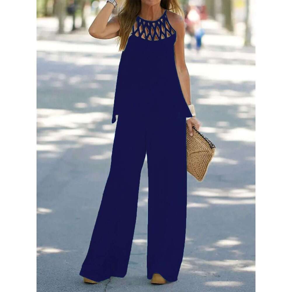ON01232 2025 Autumn Spring New Women's Fashion Casual Solid Color Grid Round Neck Sleeveless Long Pants Two-Piece Set