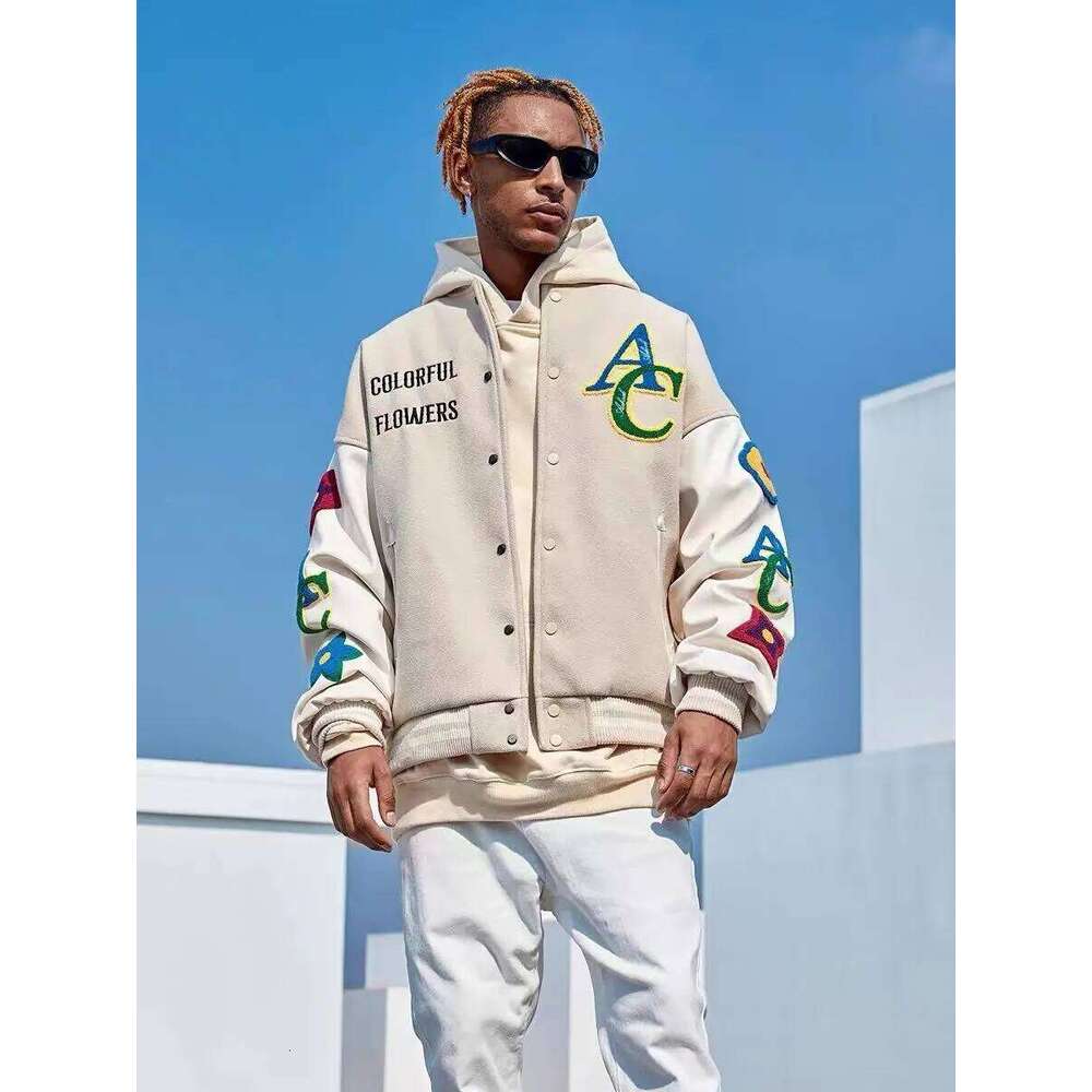 American Flower Embroidered Flocking Streetwear Trend Coat 2022 New Winter Men Moto Masculin Bomber Jacket