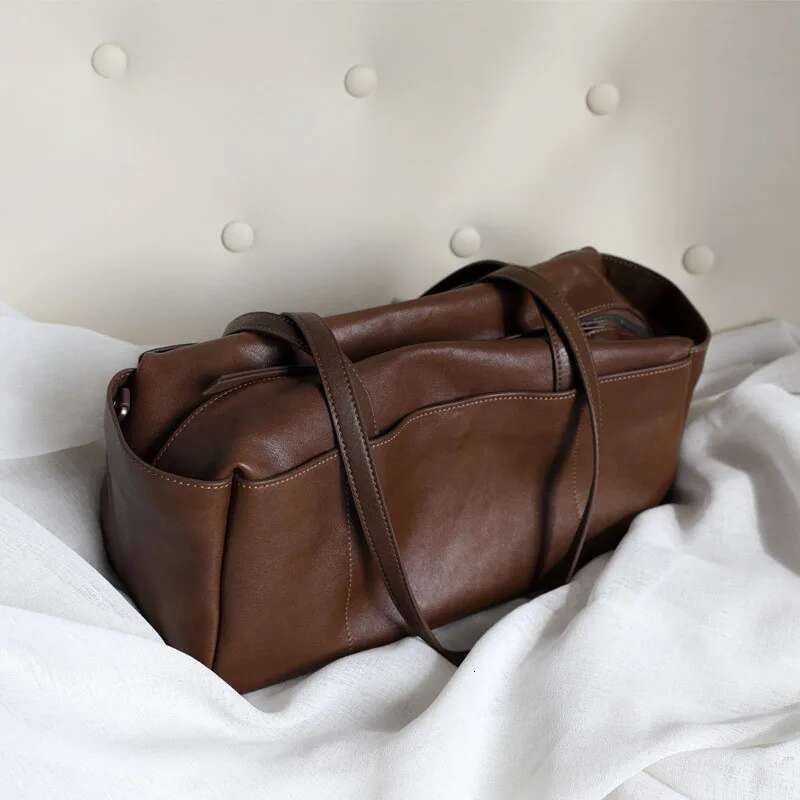 Head Layer Cowhide Travel Organizer Bag Women's Genuine Shoulder Vegetable Tanned Leather Retro Tote Bag For Women