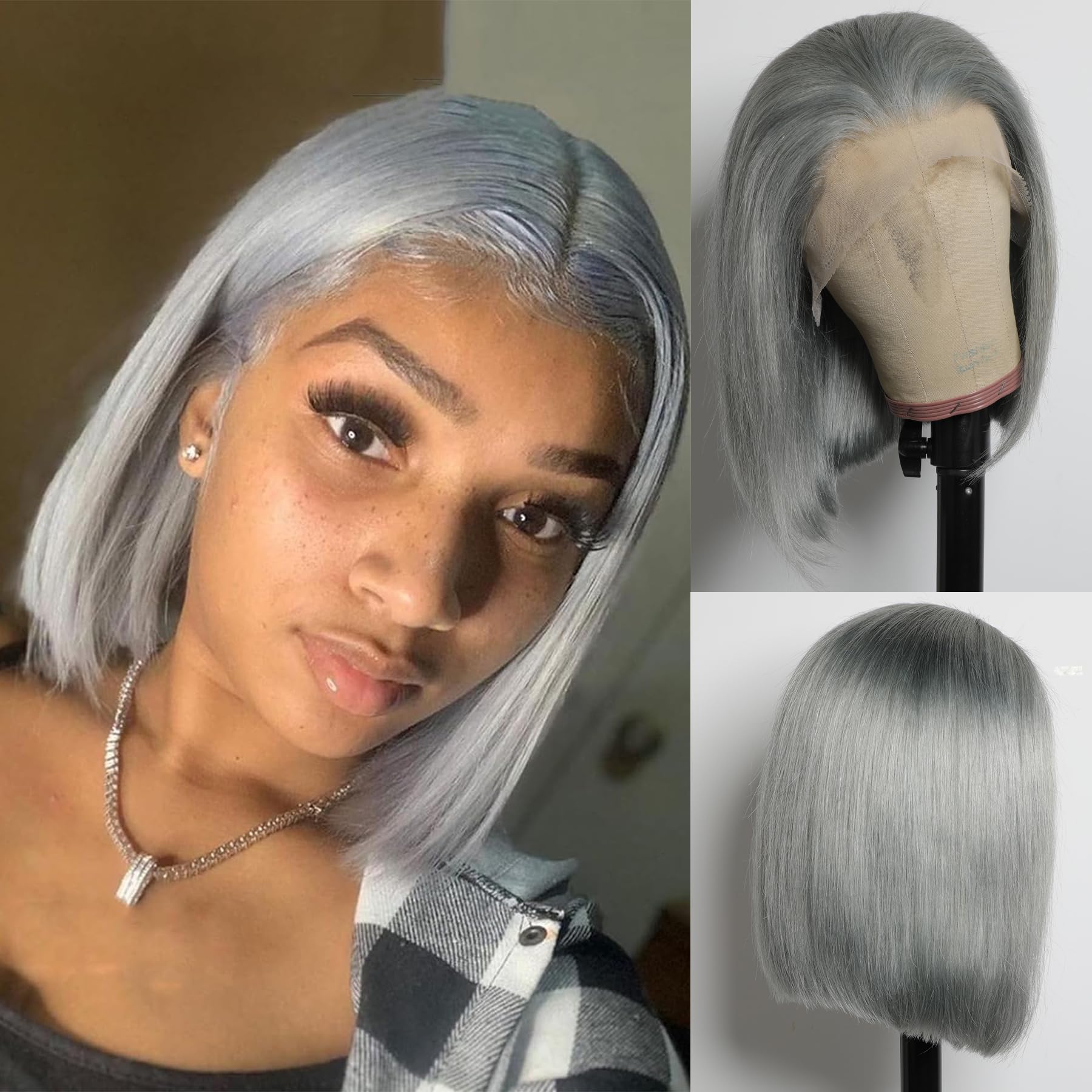 8inch Blue Short Bob Wigs Simulation human Hair Pixie Cut Peruvian 13x4 For Women 180 Density Blonde Fashionable Front Transparent Lace Synthetic Wig