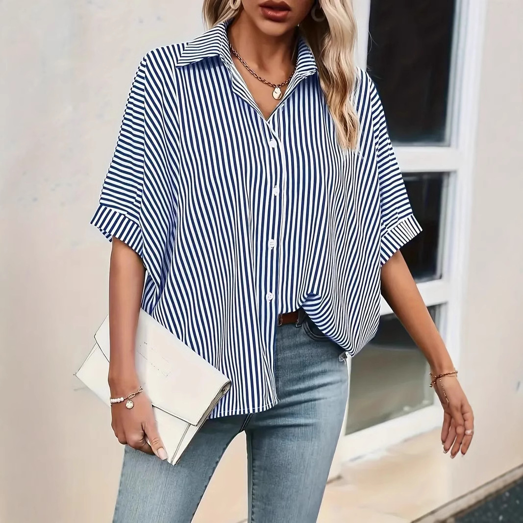 Women's striped shirt, summer fashion, loose five quarter sleeves