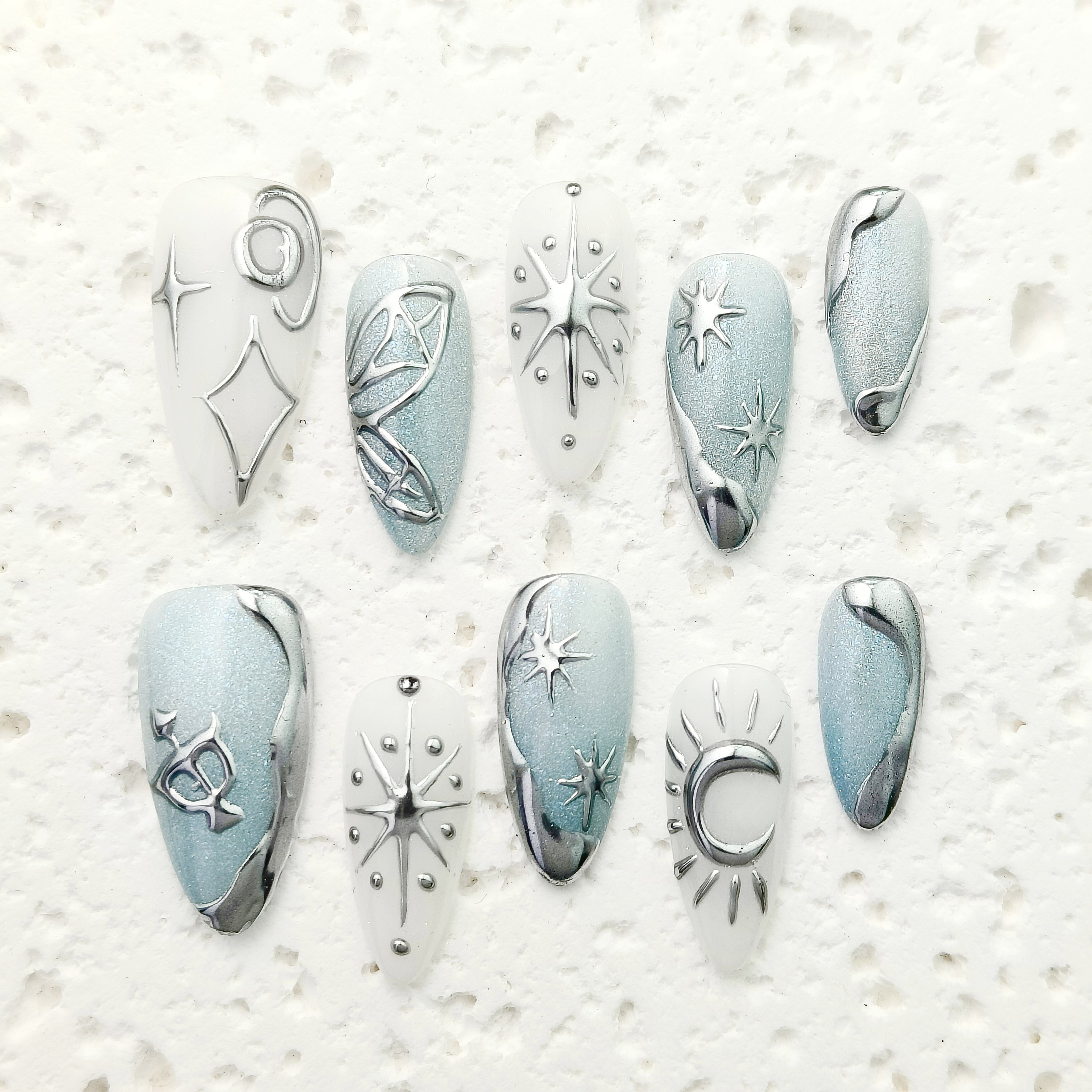 10pcs Handmade Press-on nails Medium Almond Nails Celestial Collection 3D Stars Moon Fake nails Bundle Finished nail stickers Free storage box jelly g