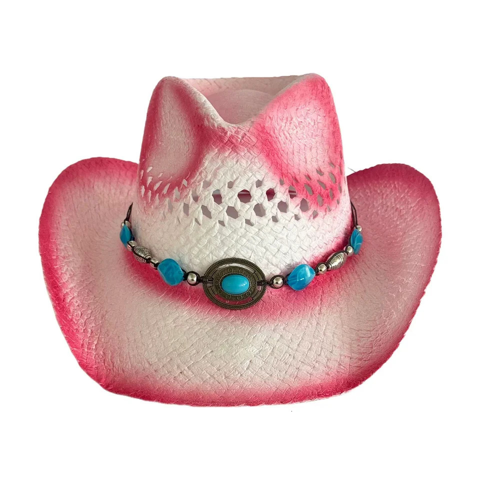 Summer Bohemia Vintage Western Cowboy Hat For Women Men Pink Gradual Change Beach Straw Hat Outdoor Wide Brim Hollow Out Sun Cap 250526