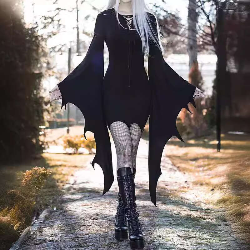 Halloween New Women's Solid Color Tie Irregular Dress