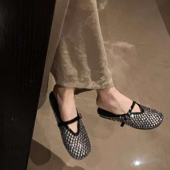 Grape Mom Same ~ Style Full Diamond Fishnet One-Strap Lazy Head Wrap Breathable Half Slippers for Summer Outdoor Wear