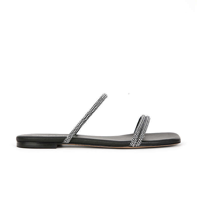 Su Yinyin Same Style ~ Silver Star Sparkling Square Toe Rhinestone Strap Flat Sandals for Women Outdoor Summer Slippers