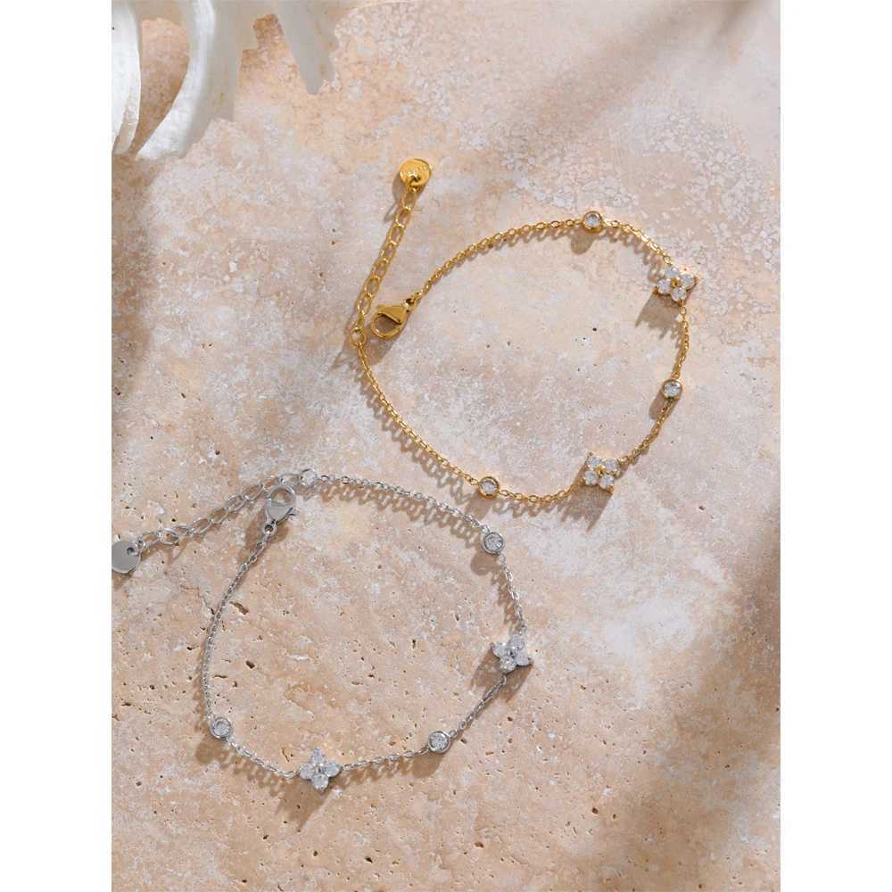 Yhpup Delicate Cubic Zirconia Flower Chain Thin Bracelet Bangle Stainless Steel Rust Proof Office Ladies Chic Jewelry New Gift W250526