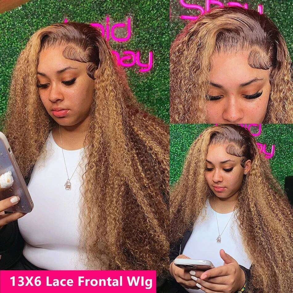 Hd Transparent Curly Highlight 13x6 Frontal Wig Human Hair Deep Blonde Ombre Color Water Wave Lace Font Wigs For Women