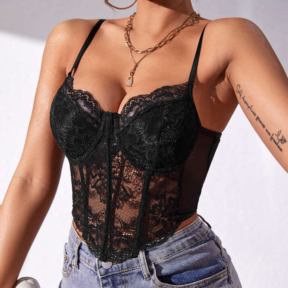 Sexy Lace Underwire Diamond Fishbone Crop Top See-through Hot Girl Slim Fit Vest for Women 10714