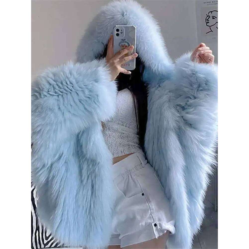 UCXQ Temperament Hooded Batwing Sleeve Warm Faux Fur Coats For Women Casual Thick Female Jacket 2025 Autumn Winter New 23A4612