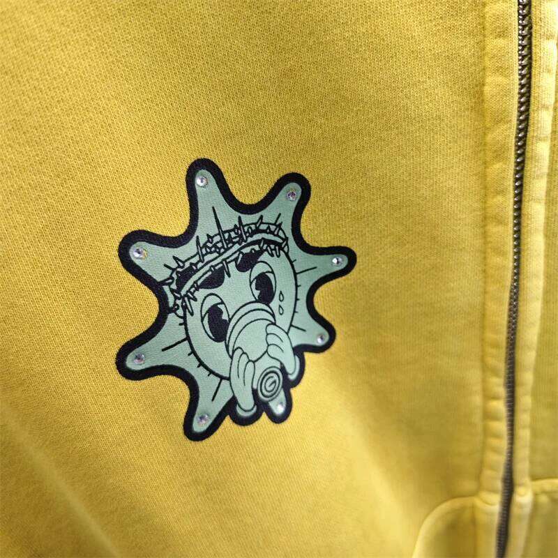 High-Quality Cotton Hoodie With Cartoon Graphic Print Rhinestones Deco For Glo Gang Lovers In Yellow And Gray