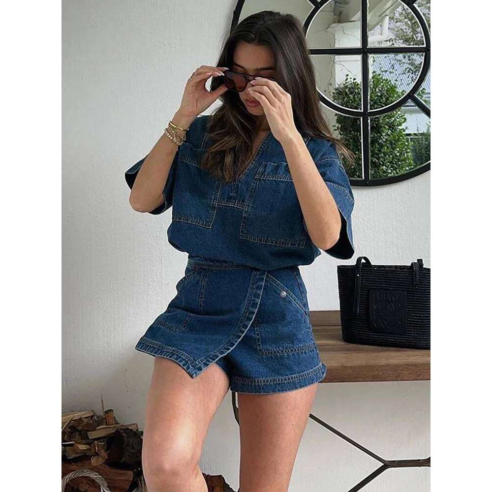 Casual Women Denim Tops Skirt Sets Fashion V-neck Patchwork Half Sleeve Split Shirt Mini Jean Short 2025 Summer Vintage Outfits