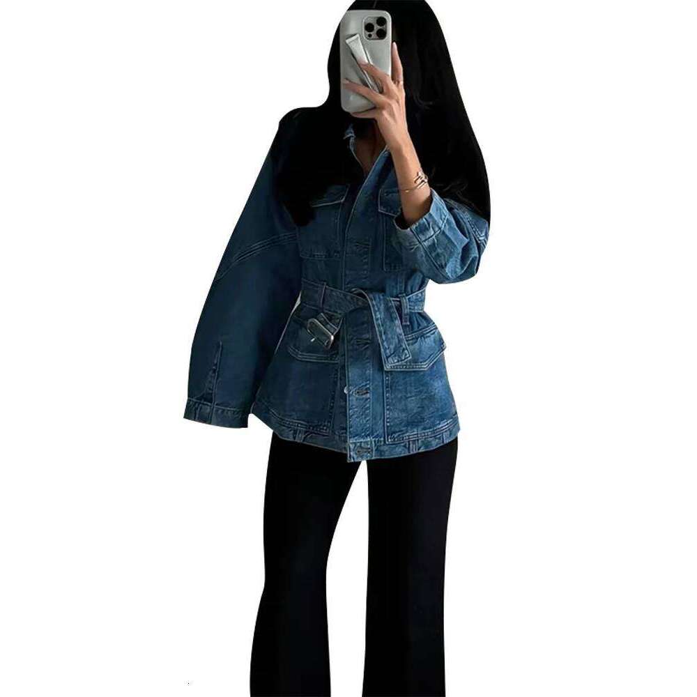 Denim Belts Fashion Jacket Women Single Breasted Turn-Down Collar Long Sleeve Pocket Street Coat 2025 Spring Chic Vintage Tops