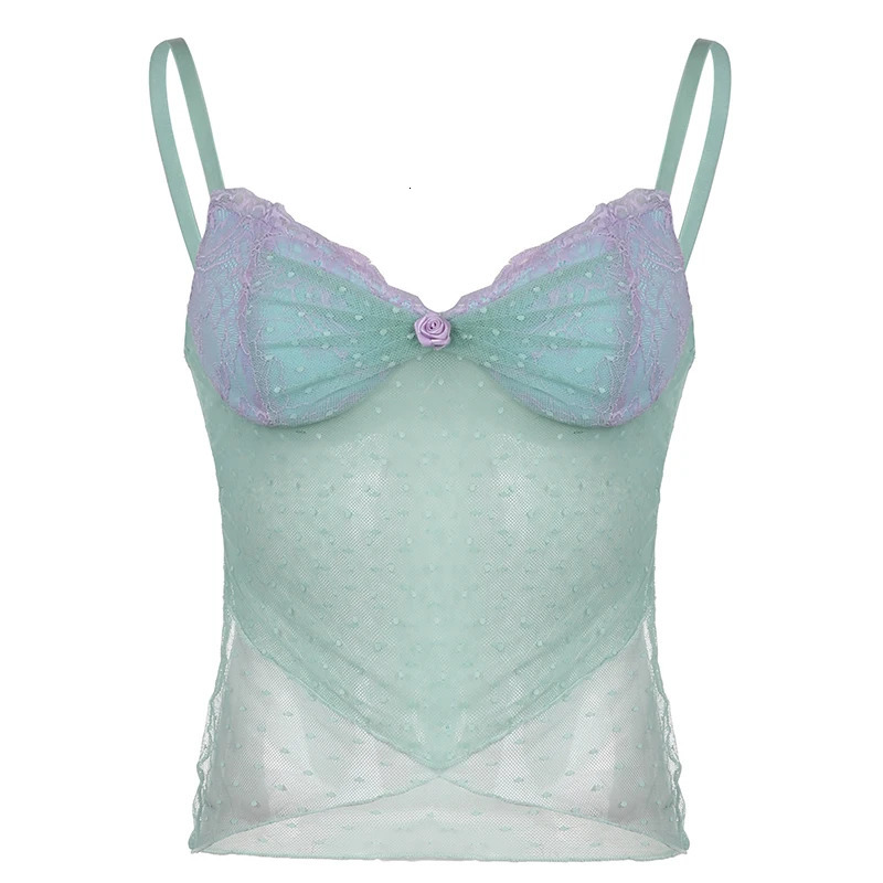 Darlingaga Y2K Frill Lace Trim Strap Mesh Top Camisole Retro Fashion Sexy Summer Crop Tops Female See Through Aesthetic Clothes 250523