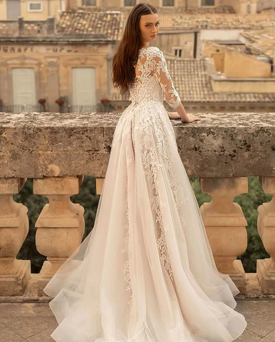 2025 Classical Champagne A-line Wedding Dresses Tulle Sweetheart O Neck Appliques Backless Half Sleeves Bridal Gown Vestidos De Novia Customized