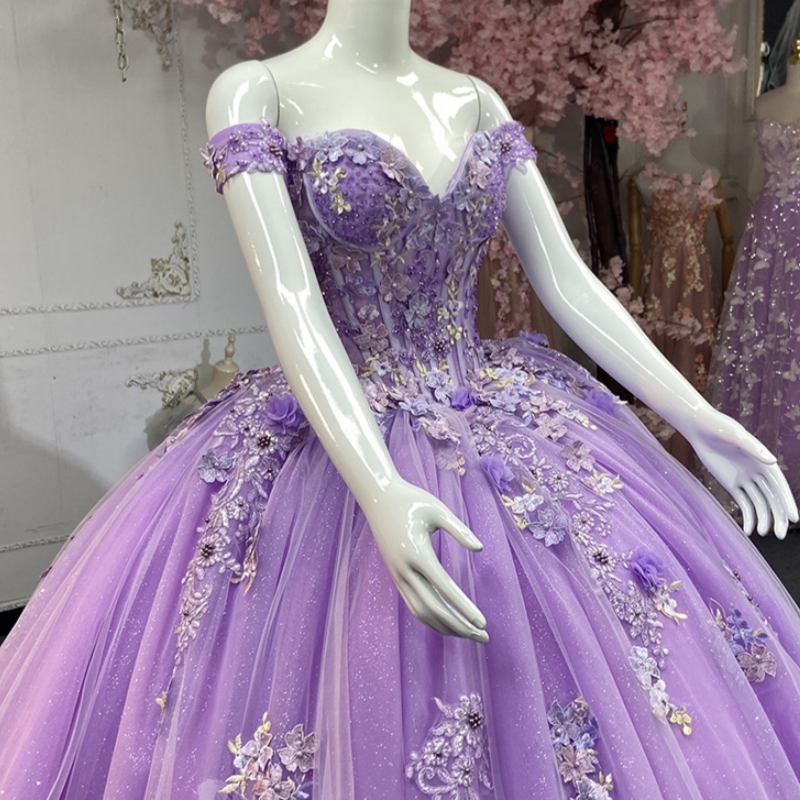 Light Lilac Quinceanera Dresses Ball Gown Off The Shoulder Applique Flowe Beading Tull Party Birthday Sweet 16 Dress Vestidos 15 Anos