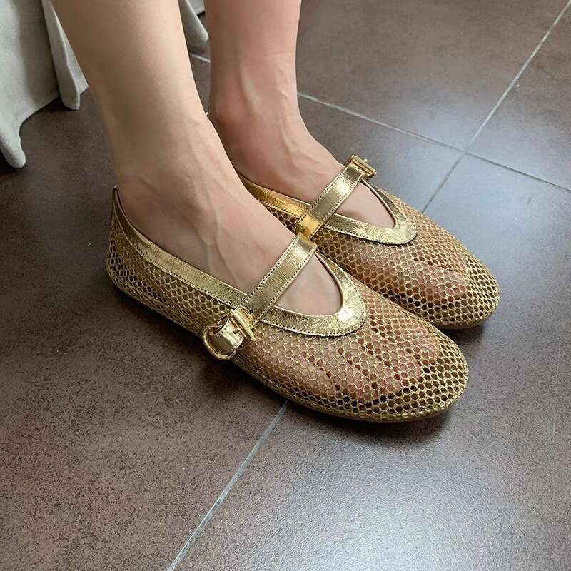 French Style Hollow Mesh Sandals for Women Summer Outdoor Round Toe Flat Ballet One-Strap Shallow Mouth Mary Jane Single Shoes