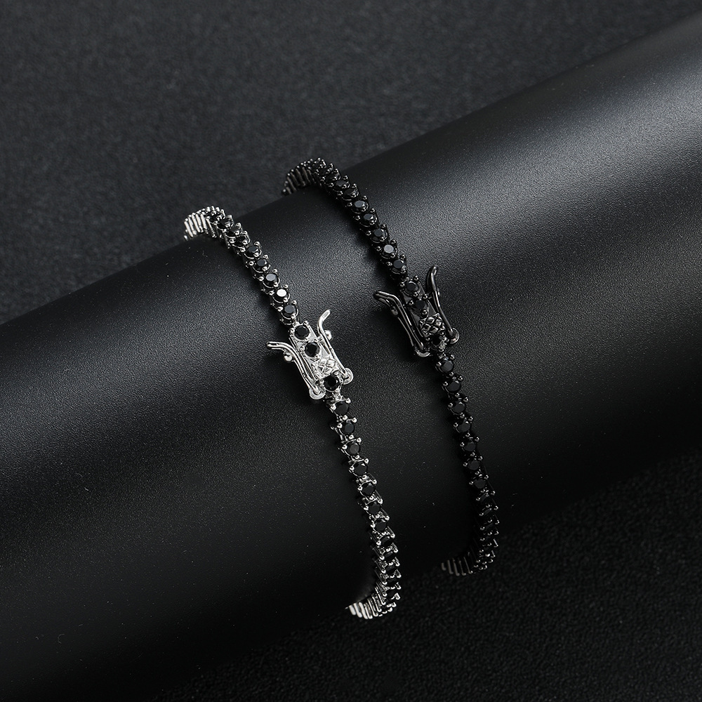 Wolf Tide Hip Hop Accessory Black Sparkly Diamond Tennis Bracelet 3mm Wide 3-claw Copper Set With Zircon Black Sparkly Diamond Tennis Bracelet Stone P