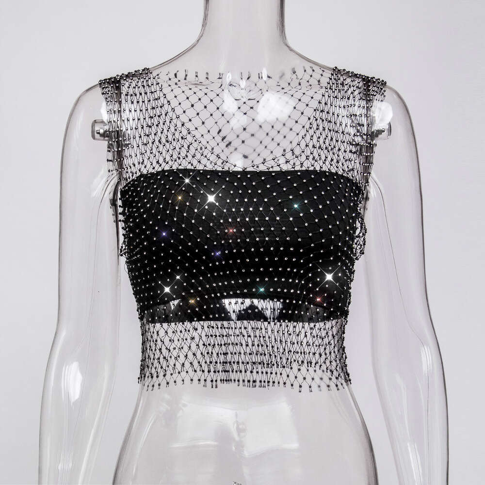 Sexy Nightclub Women's Fishnet Hollow Out Vest Mesh Sparkling Rhinestone Camisole Top for Women