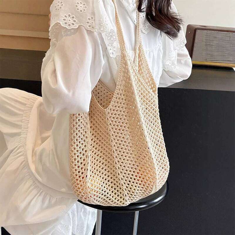 Women's Bags Designer Popular Summer Beach Straw Woven Tote For Women 2-In-1 Hollow-Out Lightweight Large Capacity Shopper Shoulder Bag Female