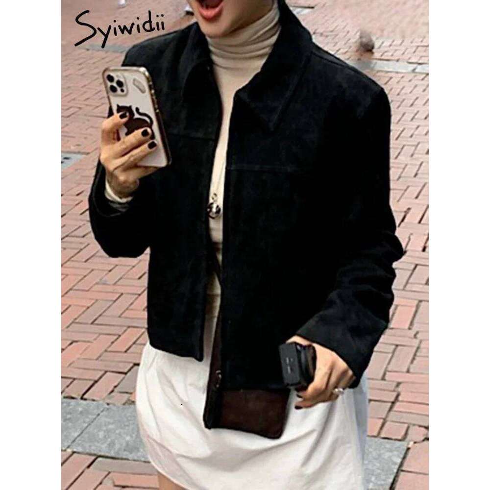 Syiwidii Jackets For Women Turn-Down Collar Casual Spliced Coat Autumn 2024 New Fashion Long Sleece Zipper Female Loose Jacket