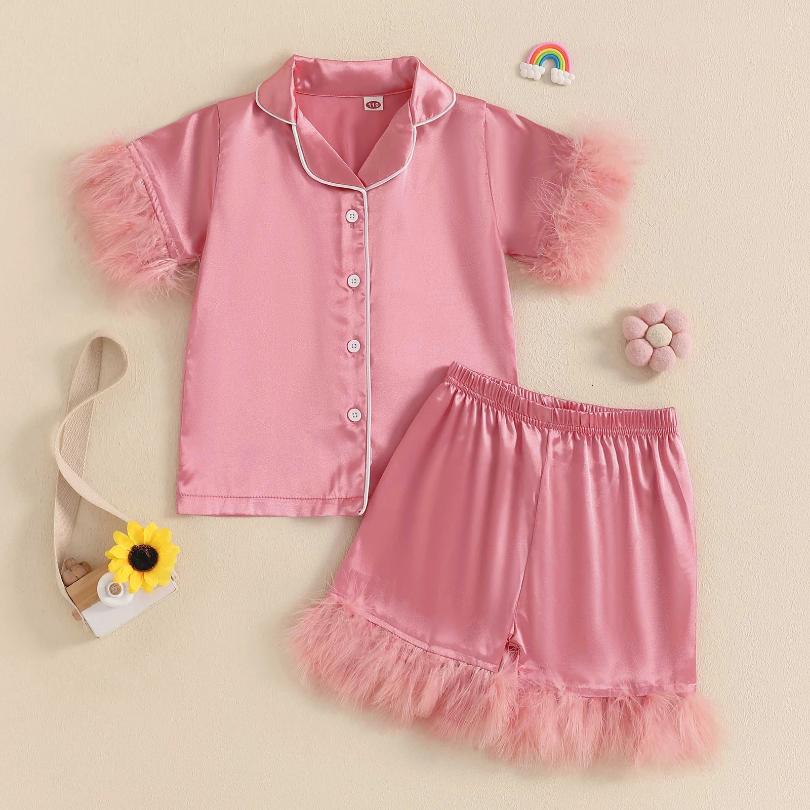MISOWMNJOY Summer Baby Girls Pajamas Set Sleepwear Satin Feather Patchwork Button up Short Sleeves Shirt with Shorts Loungewear 250527