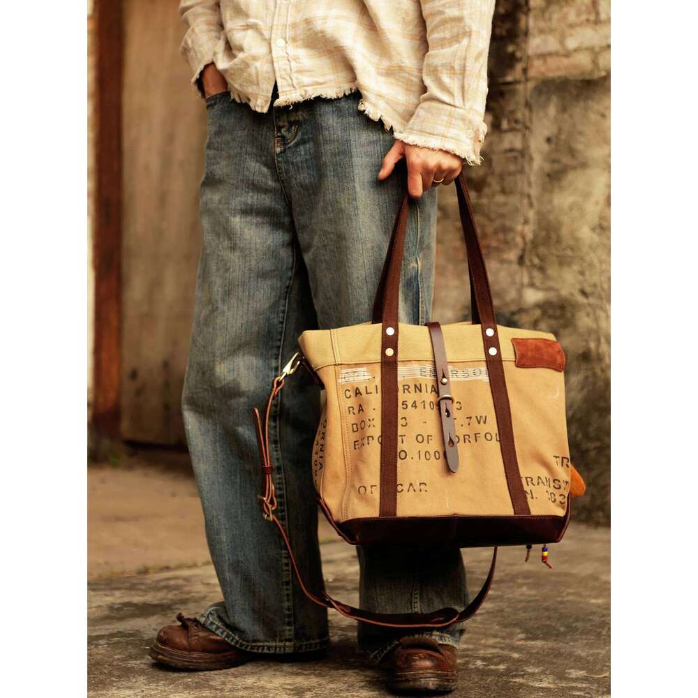 Vintage Handmade High-Quality Canvas Genuine Leather Men's Tote Weekend Shopping Shoulder Bag Large Capacity Big Handbag