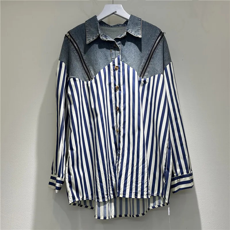 WTHT Womens Patchwork Denim Striped Shirt Winter Trendy Double Zipper n Long Sleeves Blouse Female 1LS638 250523