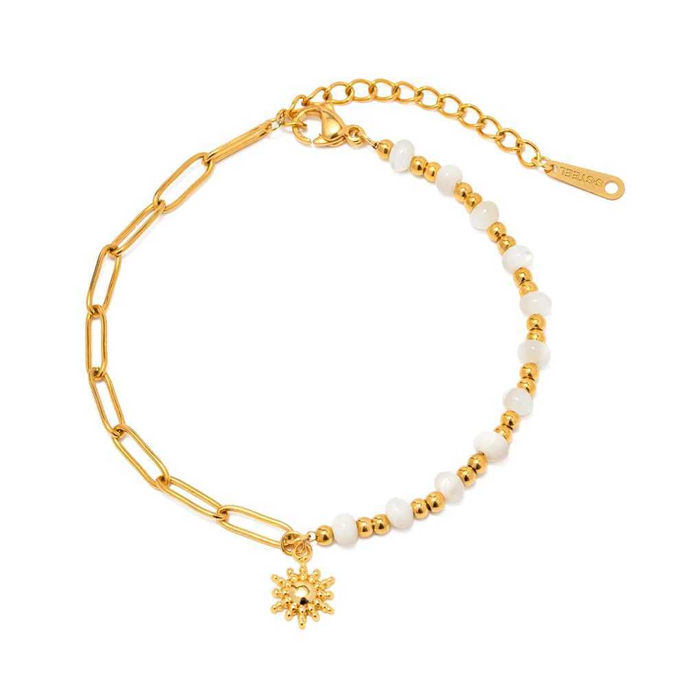 Simple Trendy Stainless Steel Sun Pendant Bracelet For Women Paperclip Chain Stitching Beads Waterproof Jewelry Vacation Gift W250526