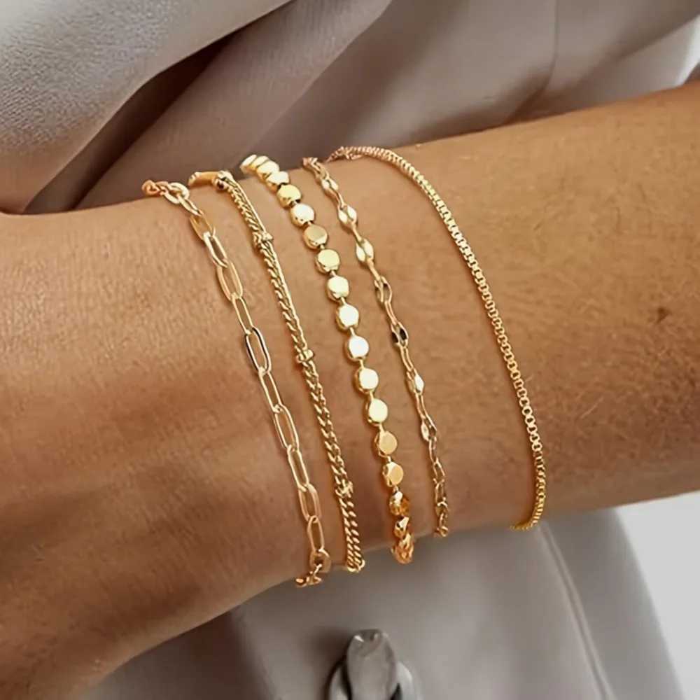 5Pcs/Set Boho Twist Chain Bracelets Set for Women Vintage Gold Silver Color Adjustable Cuban Link Bracelet Fashion Jewelry Gifts W250526