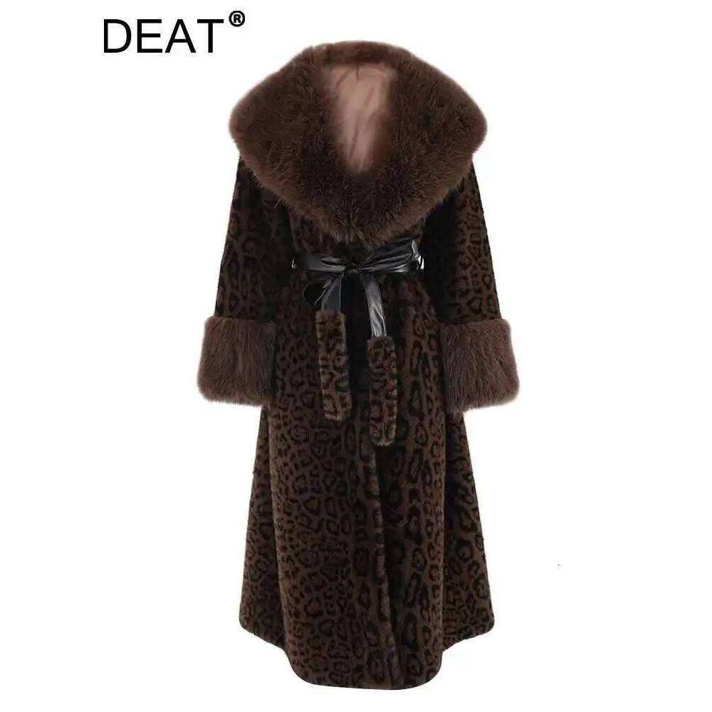 DEAT Fashion Imitation Mink Coat Women's Fur Collar Loose Covered Buckle Leopard Plush Overcoat Winter 2024 New