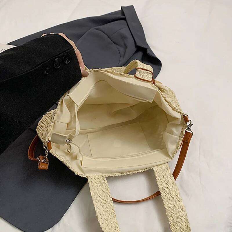 Women's Bags Designer Handmade Hollow Out Straw Women Shoulder Bags Designer Zipper Woven Lady Handbag Casual High Quality Summer Large Beach Bag