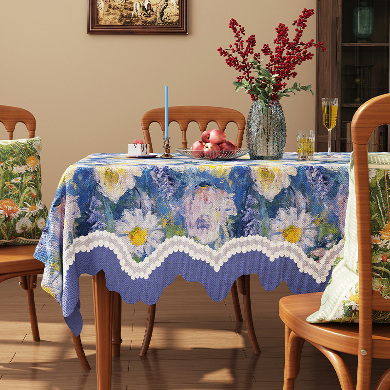 A650 American retro romantic oil painting style tablecloth linen fabric waterproof coffee table cloth pastoral style high-grade jacquard cover cloth