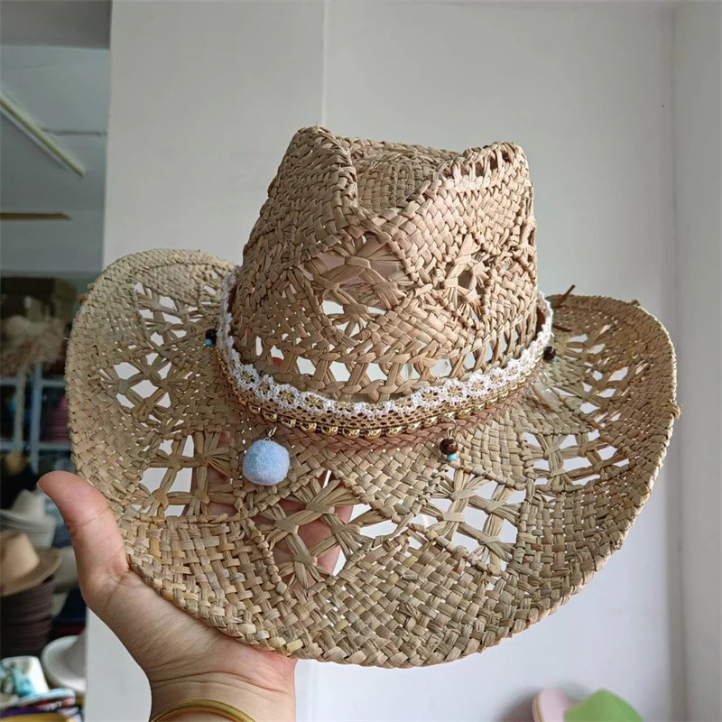 Cowboy hat fashion hollow out western cowboy hand woven hard summer sapphire accessories neutral Cowboy hat sun hat sombrero cow 250526
