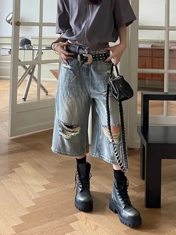 HOUZHOU Vintage Blue Ripped Short Jean Oversized Distressed Jorts Y2k Grunge Baggy Boyfriend Denim Shorts Wide Streetwear 250516Z