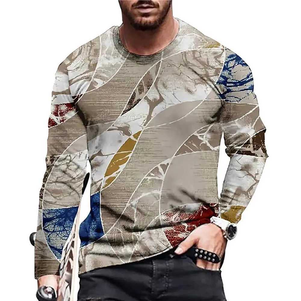 Retro Men Round neck long sleeved variegated T-shirt Color Block 3D Print T-shirts Spring Autumn Loose Casual Top Mens clothing Z250527