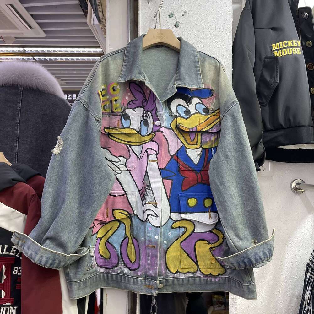 Autumn Hand-Painted Graffiti Denim Jacket Loose Mid Length Cartoon Printed Top Street Fashion Made Old Ripped Jackets For Women