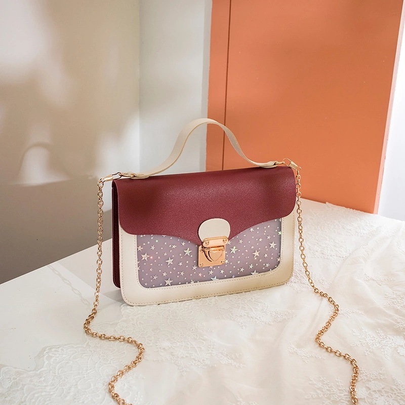 Top quality Brand High Quality Style Women's Transparent Bag Colorful Chain Lock Handbag Small Square Bag Style Phone Bag One Piece Free Delivery