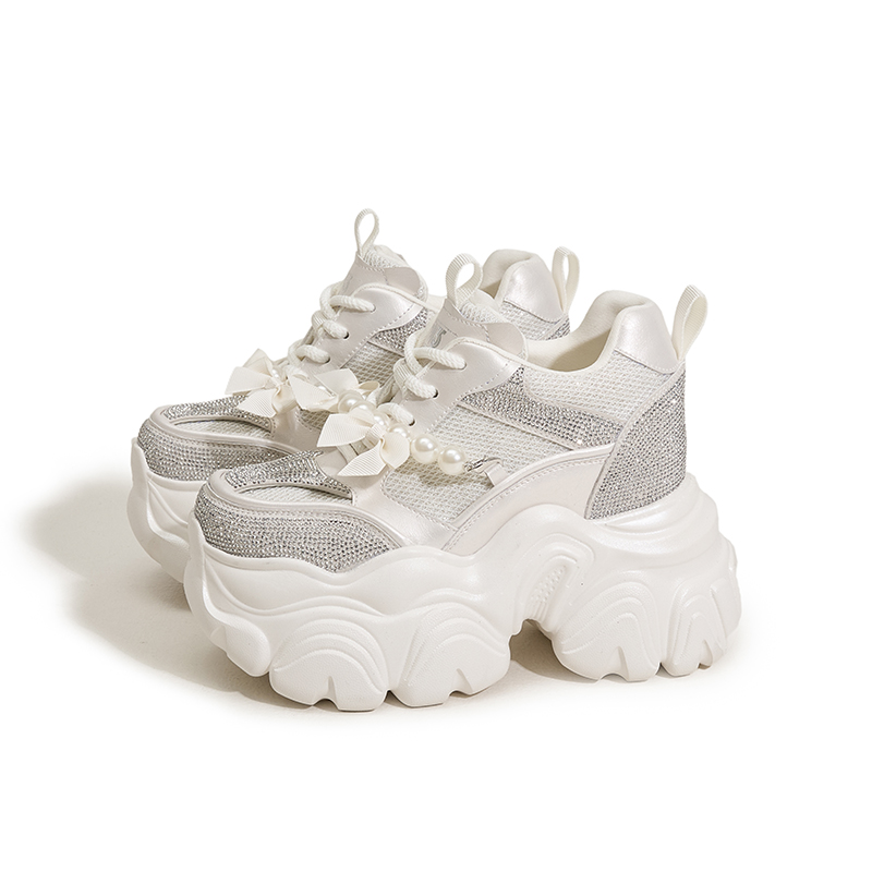 Designer Thick-Soled Insole Height-Increasing Dad Shoes for Women, New Spring Water Diamond Breathable Single Shoes Versatile and Casual Shoes for Sma